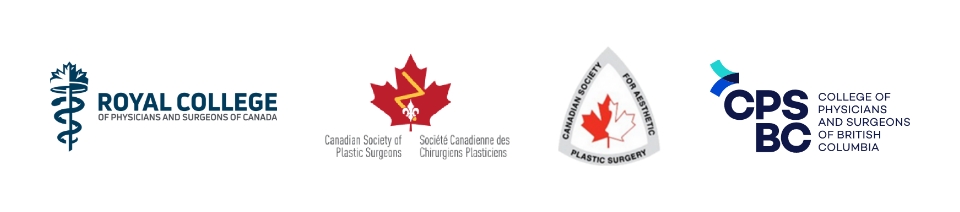 Credential logos including Royal College of Physicians and Surgeons of Canada, Canadian Society of Plastic Surgeons, Canadian Society for Aesthetic Plastic Surgery, and College of Physicians and Surgeons of British Columbia