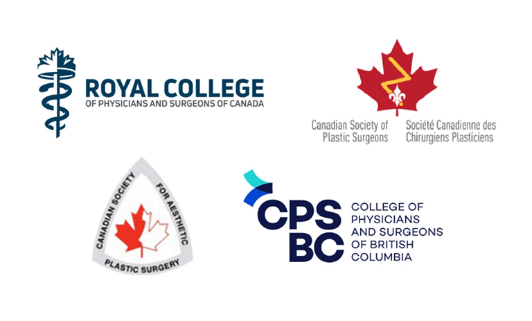 Credential logos including Royal College of Physicians and Surgeons of Canada, Canadian Society of Plastic Surgeons, Canadian Society for Aesthetic Plastic Surgery, and College of Physicians and Surgeons of British Columbia