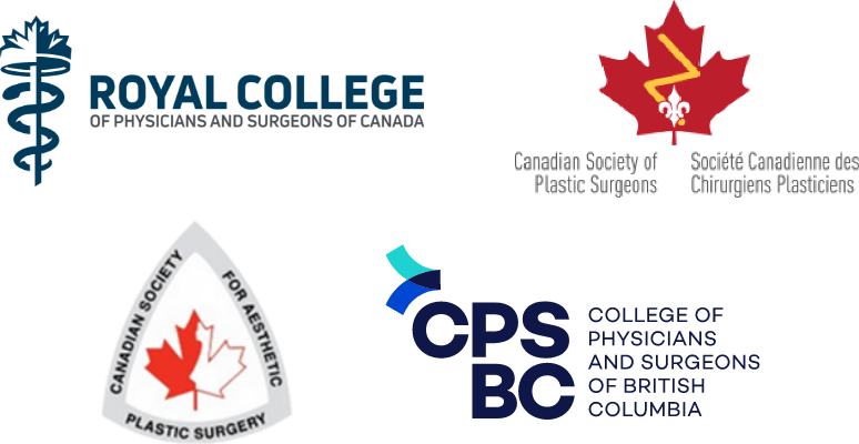 Dr. Lennox Credentials logos including Royal College of Physicians and Surgeons of Canada, Canadian Society of Plastic Surgeons, Canadian Society For Aesthetic Plastic Surgery, and College of Physicians and Surgeons of British Columbia
